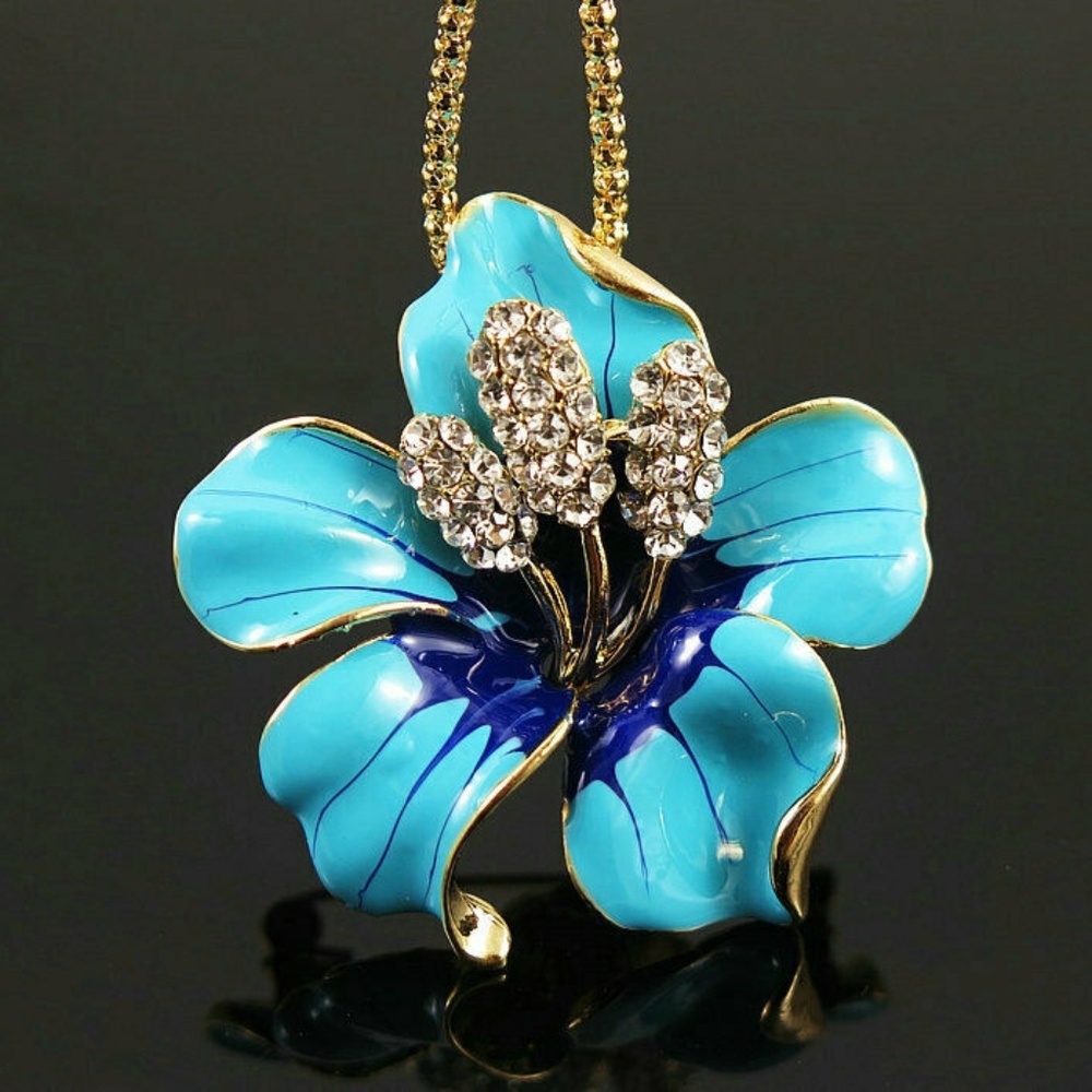 SOLD Blue Enamel Crystal Bauhinia Flower Necklace